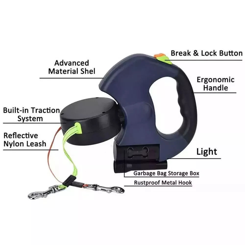 🐶 Dual Retractable Dog Leash with Night Light – 360° Swivel, Reflective, Tangle-Free Lead for Two Dogs