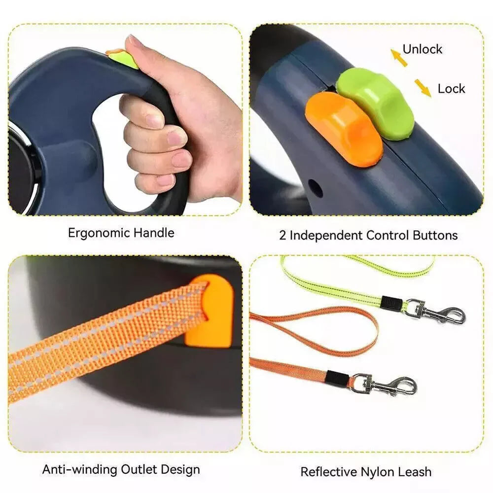 🐶 Dual Retractable Dog Leash with Night Light – 360° Swivel, Reflective, Tangle-Free Lead for Two Dogs